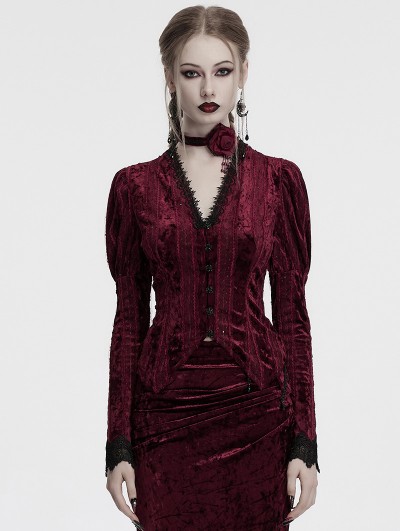 Punk Rave Red Gothic Lace Embroidered Velvet Gigot Sleeve Shirt for Women