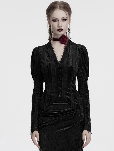 Punk Rave Black Gothic Lace Embroidered Velvet Gigot Sleeve Shirt for Women