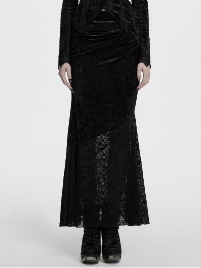 Punk Rave Black Gothic Elegant Velvet Lace Asymmetrical Fishtail Skirt