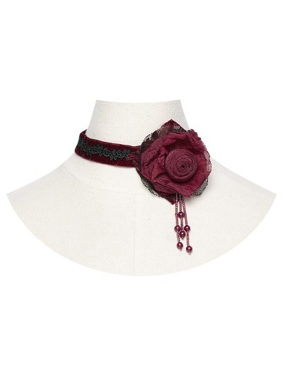 Punk Rave Red Gothic Vintage Burning Rose Bead Chain Choker