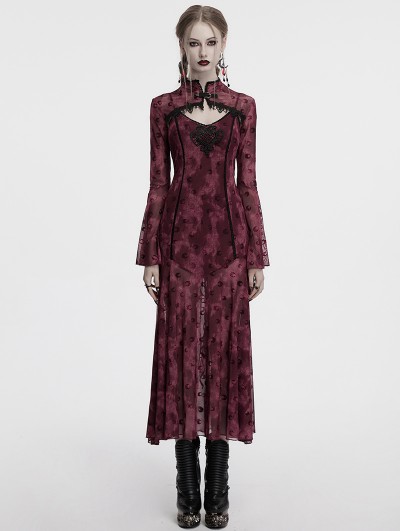 Punk Rave Red Sexy Gothic Crescent Print Mesh Two-Piece Long Fishtail Dress