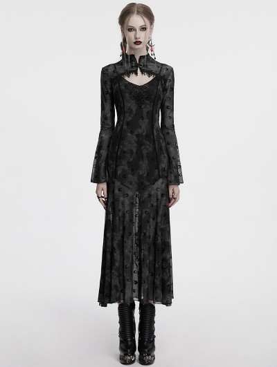 Punk Rave Grey Sexy Gothic Crescent Print Mesh Two-Piece Long Fishtail Dress