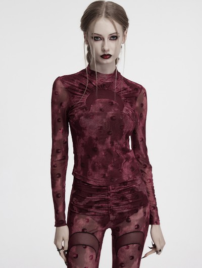 Punk Rave Red Gothic Crescent Hollowed Print Mesh Long Sleeve T-Shirt for Women