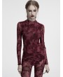 Punk Rave Red Gothic Crescent Hollowed Print Mesh Long Sleeve T-Shirt for Women