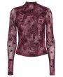 Punk Rave Red Gothic Crescent Hollowed Print Mesh Long Sleeve T-Shirt for Women
